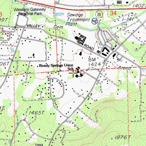 Topographic Map of Ready Springs Elementary School, CA