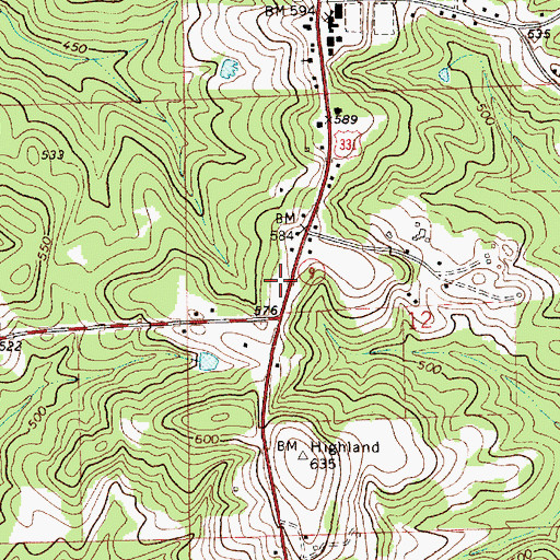 Topographic Map of Highland Home Post Office, AL