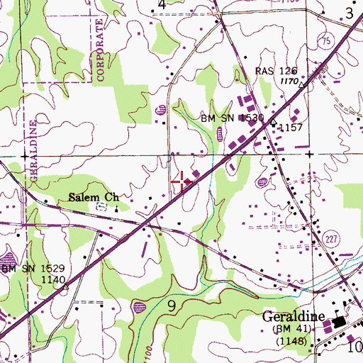 Topographic Map of Geraldine Post Office, AL