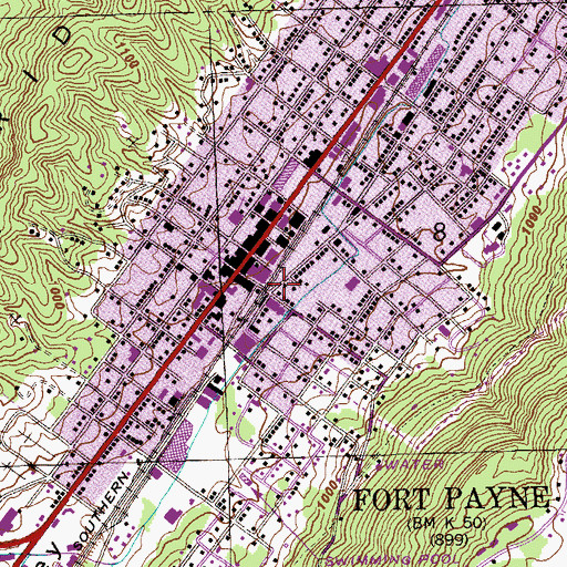 Topographic Map of Fort Payne Post Office, AL