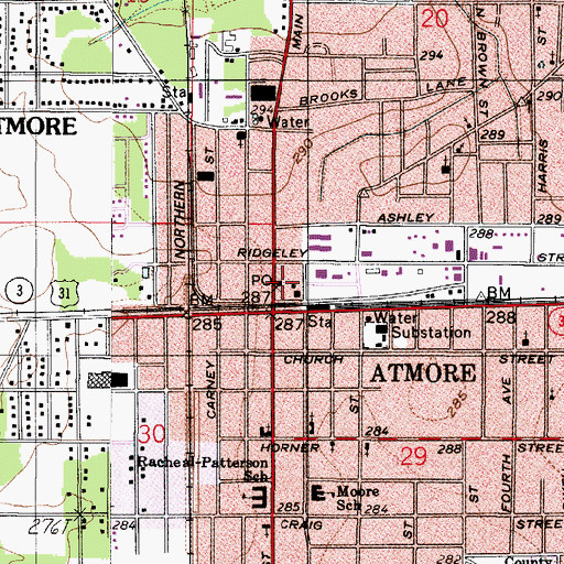 Topographic Map of Atmore Post Office, AL