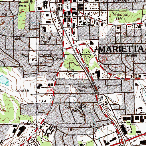 Topographic Map of Marietta City Cemetery, GA