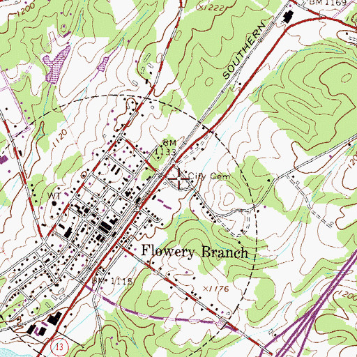 Topographic Map of Flowery Branch Cemetery, GA