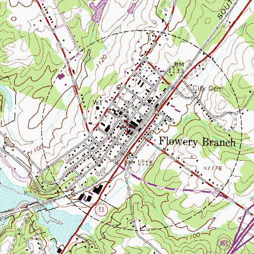 Topographic Map of Flowery Branch City Hall, GA