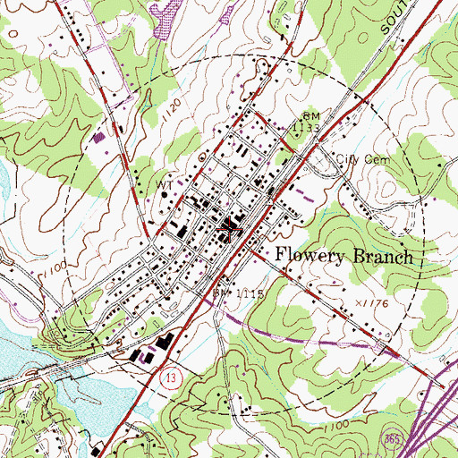 Topographic Map of Flowery Branch Commercial Historic District, GA