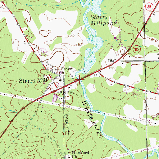 Topographic Map of Starrs Mill Bridge, GA