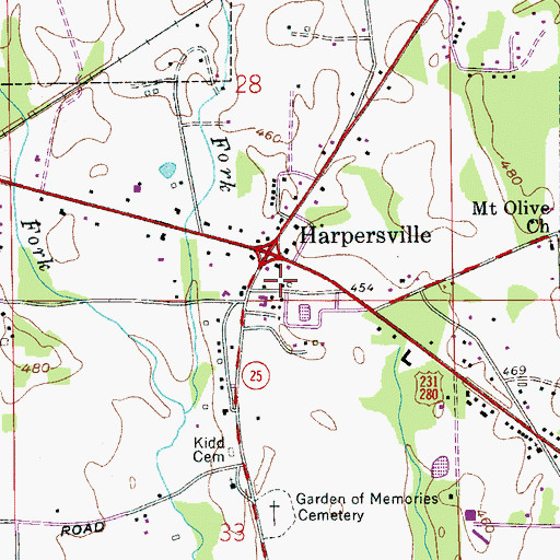 Topographic Map of Harpersville Post Office, AL
