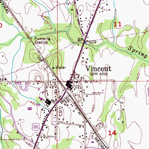 Topographic Map of Vincent Post Office, AL