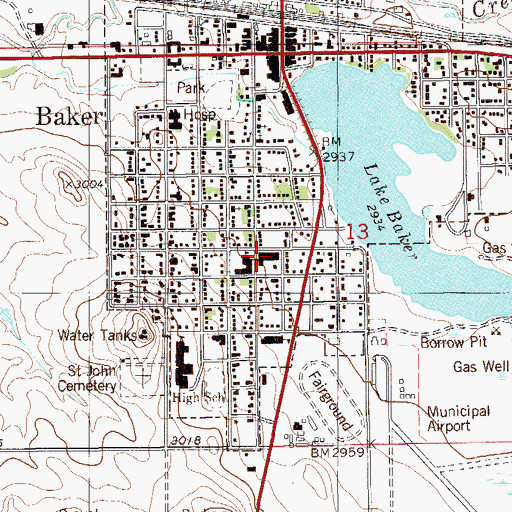 Topographic Map of Fallon County Library, MT
