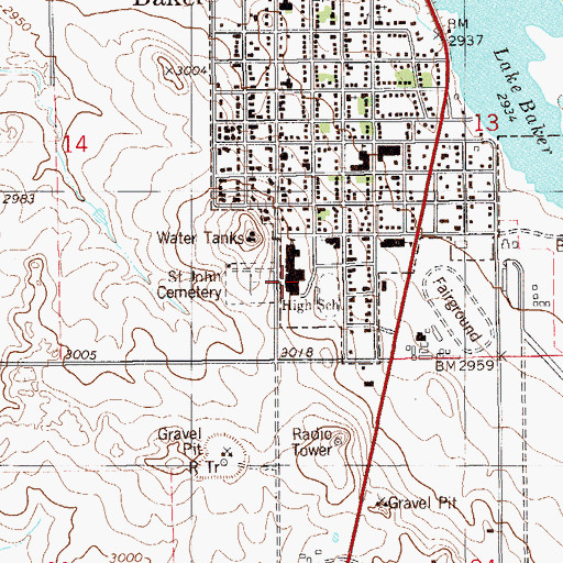 Topographic Map of Baker High School, MT