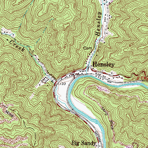 Topographic Map of Hensley Post Office, WV
