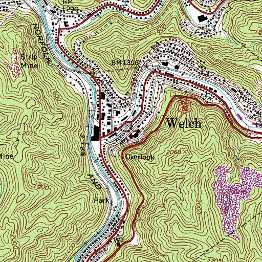 Topographic Map of McDowell County Courthouse, WV