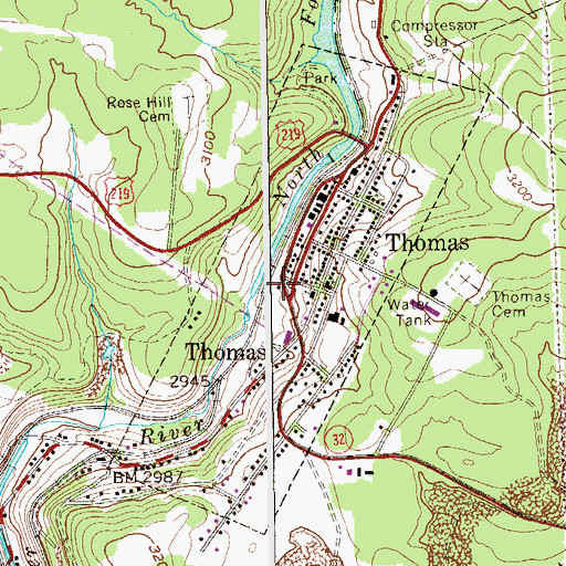 Topographic Map of Thomas Post Office, WV