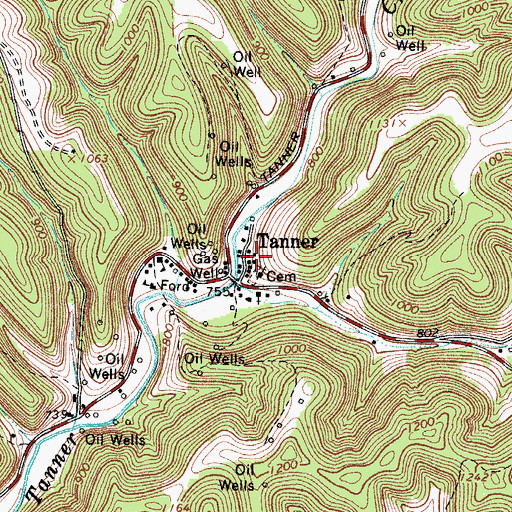 Topographic Map of Tanner Post Office, WV