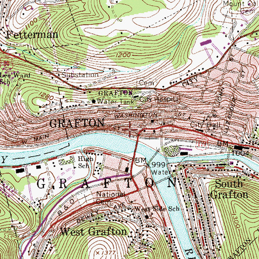 Topographic Map of Grafton Downtown Commerical Historic District, WV