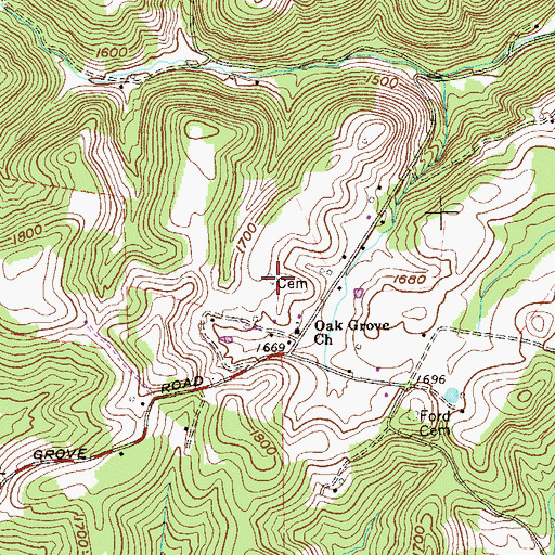 Topographic Map of Oak Grove Cemetery, WV