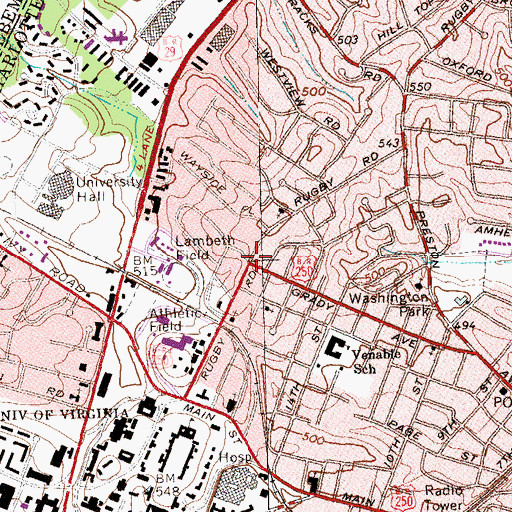 Topographic Map of Rugby Road-University Corner Historic District, VA