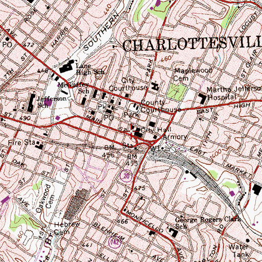 Topographic Map of Downtown Charlottesville Post Office, VA