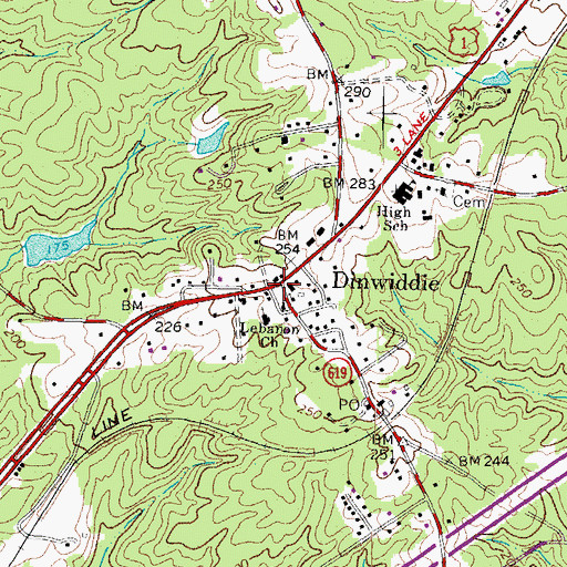 Topographic Map of Dinwiddie County Courthouse, VA