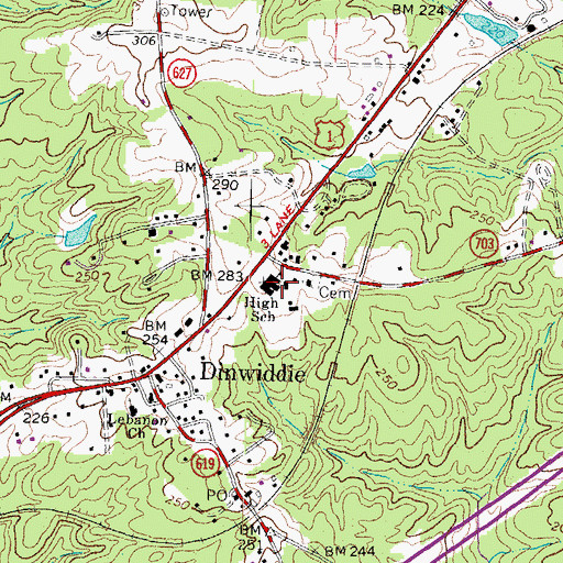 Topographic Map of Dinwiddie Elementary School, VA