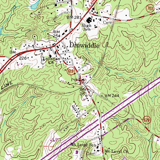 Topographic Map of Dinwiddie Post Office, VA