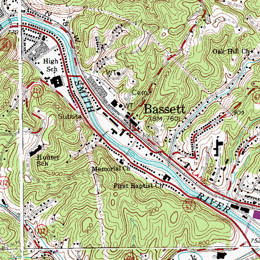 Topographic Map of Bassett Post Office, VA