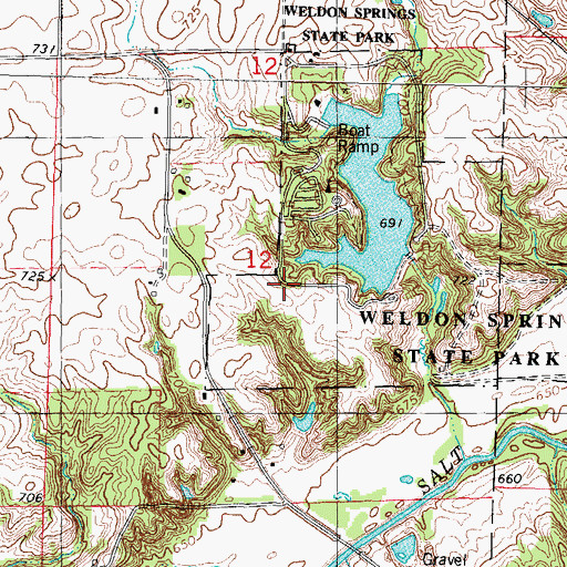 Topographic Map of Weldon Springs Lake Dam, IL