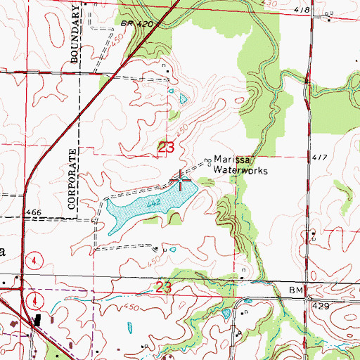 Topographic Map of Marissa Reservoir Dam, IL