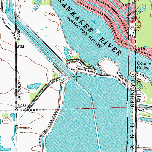 Topographic Map of Dresden Cooling Lake Dam, IL