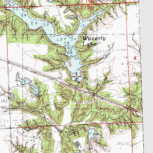 Topographic Map of Waverly City Lake Dam, IL
