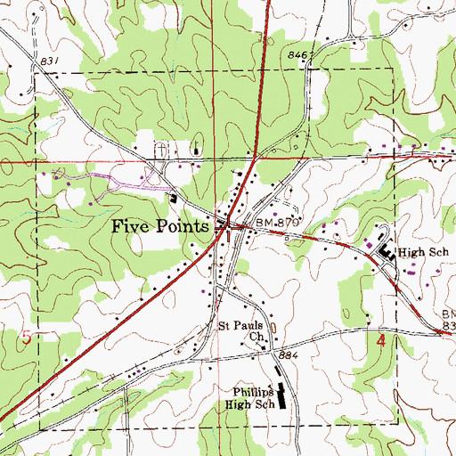 Topographic Map of Five Points Post Office, AL