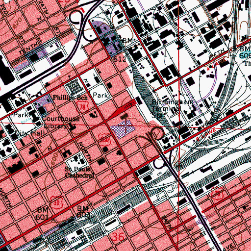 Topographic Map of Birmingham Post Office, AL