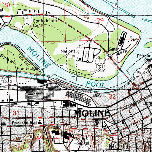 Topographic Map of Moline Power Dam, IL