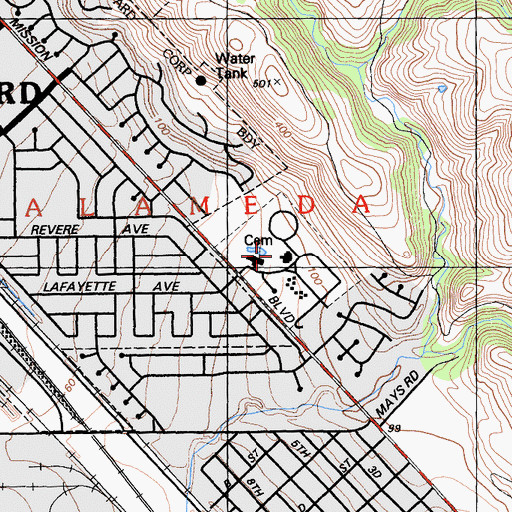 Topographic Map of Chapel of the Chimes Memorial Park, CA