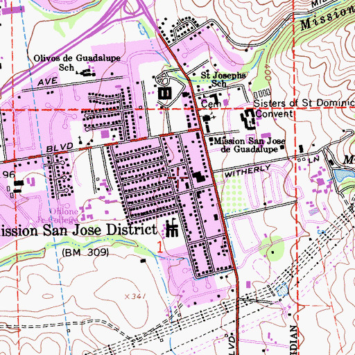 Topographic Map of Mission San Jose Post Office, CA