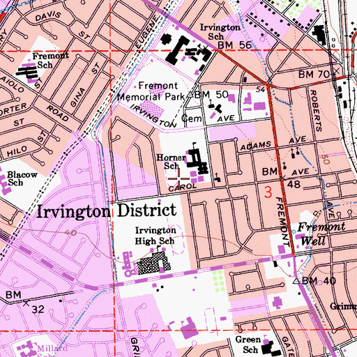 Topographic Map of O N Hirsch Elementary School, CA