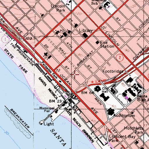 Topographic Map of Santa Monica Place Shopping Center, CA