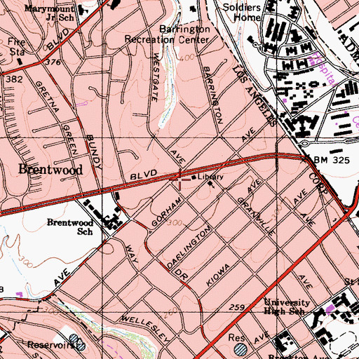 Topographic Map of Brentwood Branch Los Angeles Public Library, CA