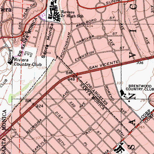 Topographic Map of Brentwood Country Mart Shopping Center, CA