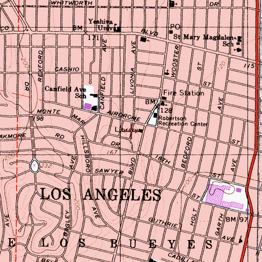 Topographic Map of Robertson Branch Los Angeles Public Library, CA