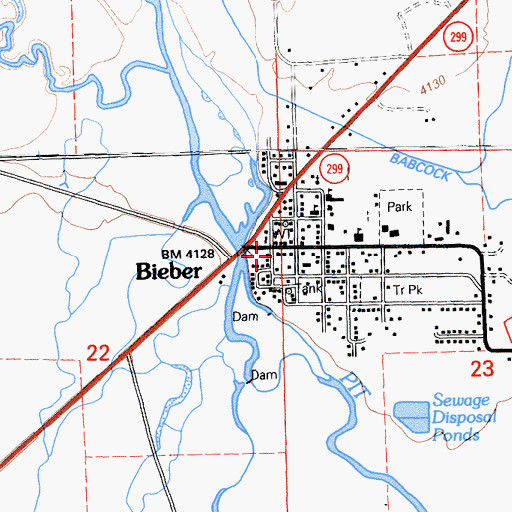Topographic Map of Bieber Post Office, CA