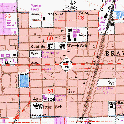 Topographic Map of Brawley Post Office, CA