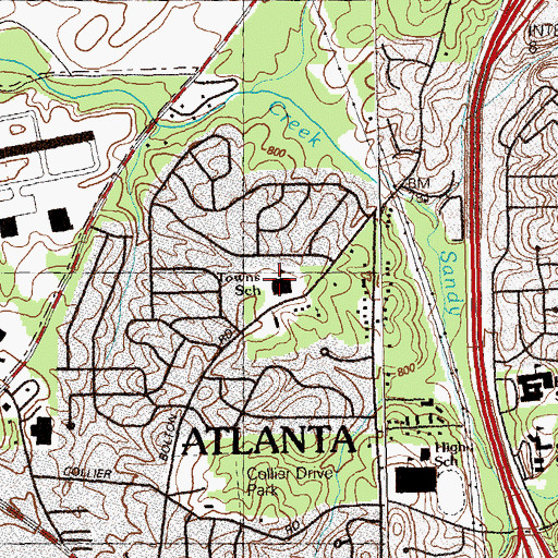 Topographic Map of G A Towns Elementary School, GA