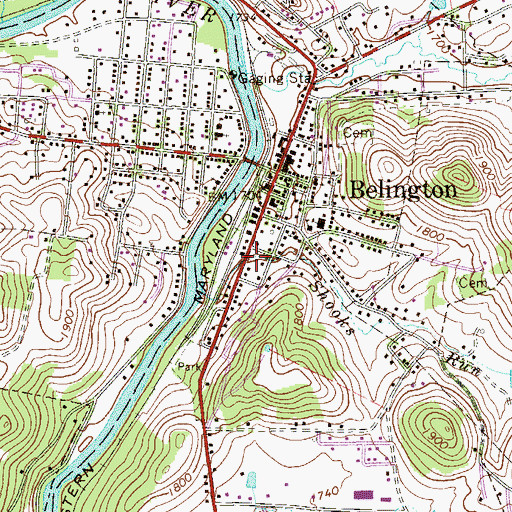 Topographic Map of Belington Post Office, WV