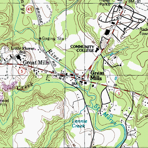 Topographic Map of Great Mills Post Office, MD