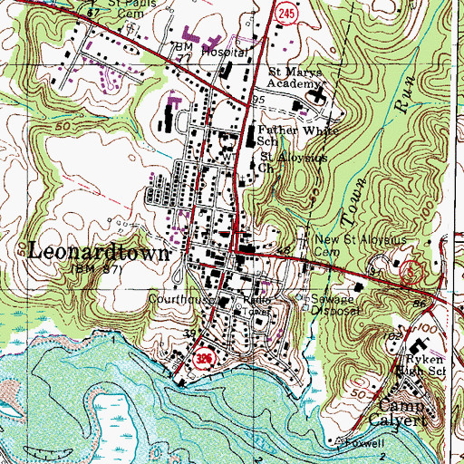 Topographic Map of Leonardtown Post Office, MD