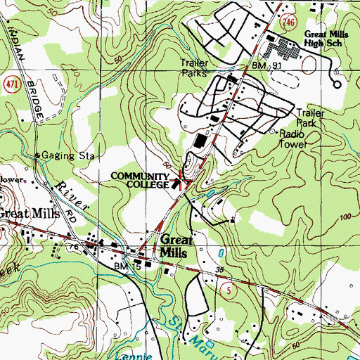 Topographic Map of Charles County Community College at Saint Marys, MD