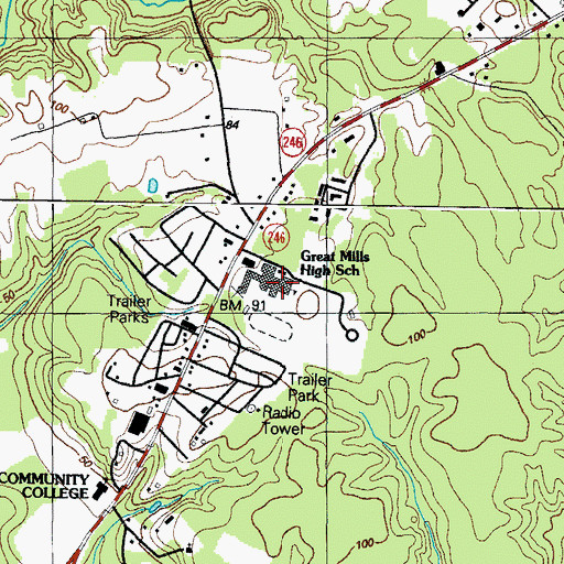 Topographic Map of Great Mills High School, MD