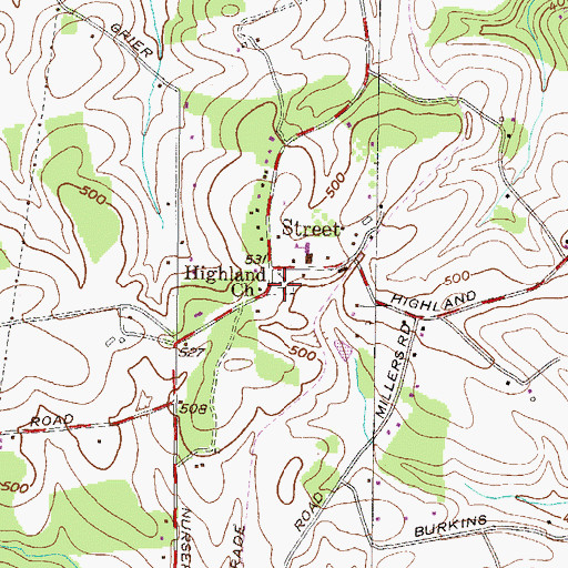Topographic Map of Highland Cemetery, MD