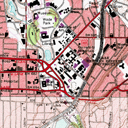 Topographic Map of Adelbert Hall, OH